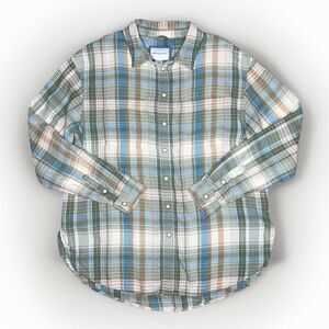 American Eagle Pearl Snap Flannel Shirt Women XS Green Cream Plaid Western Rodeo